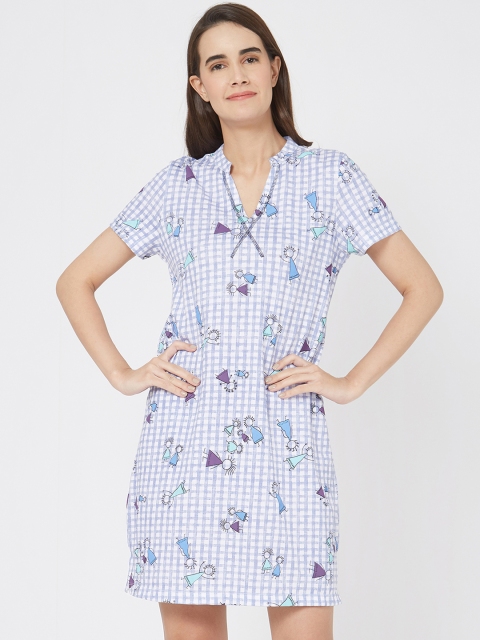 

Mystere Paris Blue & White Checked Pure Cotton Sleep Shirt with Quirky Print Detail