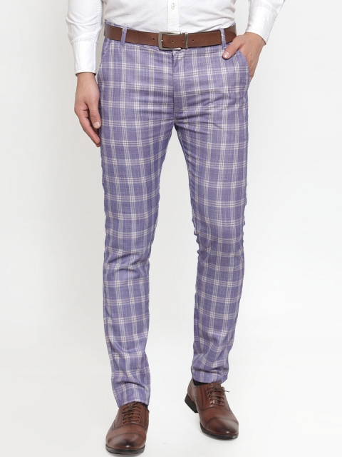 

JAINISH Men Blue Smart Slim Fit Checked Regular Trousers