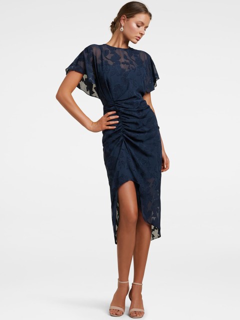 

Forever New Navy Blue Ruched Self Design Midi Sheath Dress