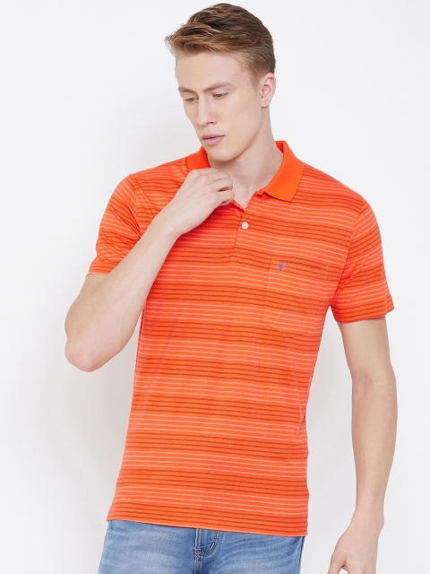 

NEVA Men Orange & White Striped Polo Collar T-shirt