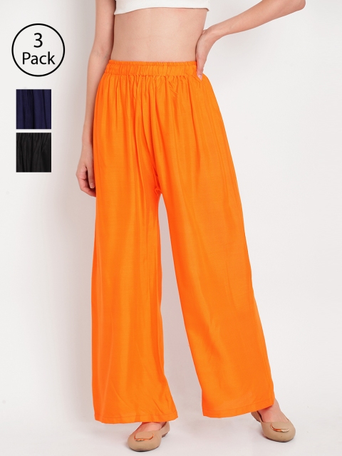 

TAG 7 Women Pack of 3 Solid Wide Leg Palazzos, Black