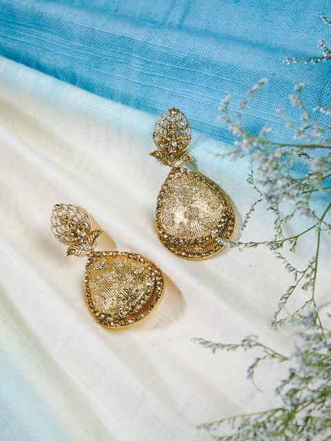 ZeroKaata Gold-Toned Handcrafted Teardrop Shaped Drop Earrings