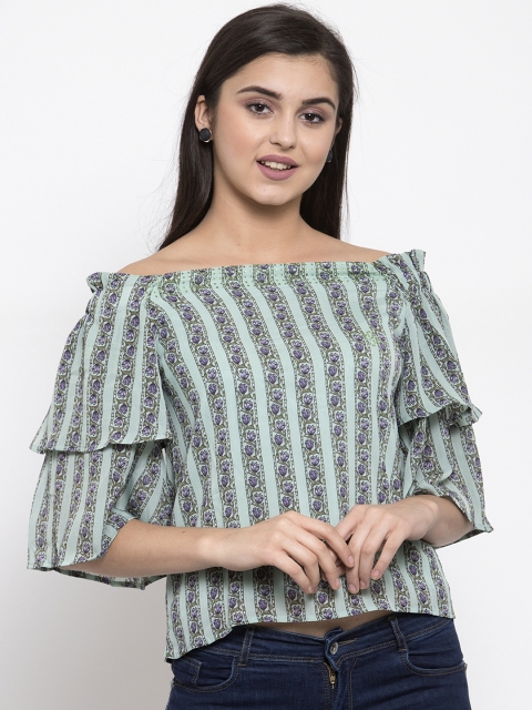 

Global Republic Women Green Printed Bardot Top