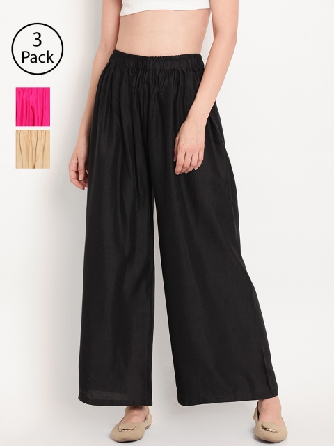 

TAG 7 Women Pack of 3 Solid Wide Leg Palazzos, Black