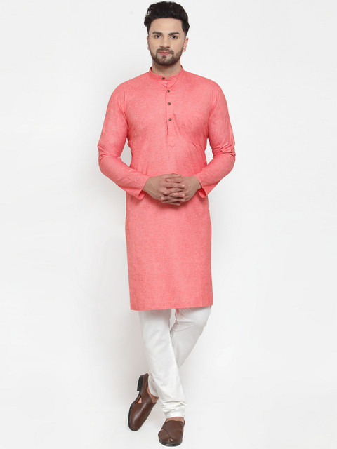

Jompers Men Coral Red & White Solid Kurta with Churidar