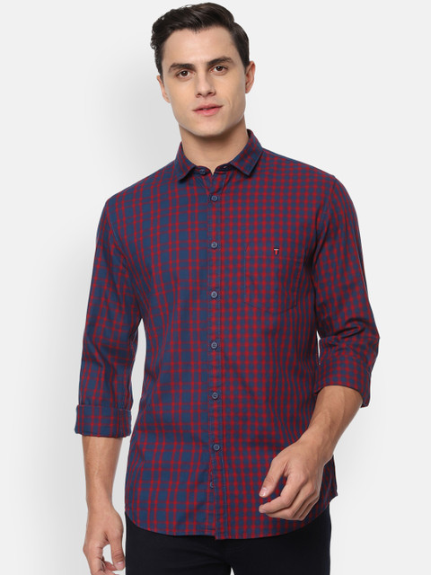 

Louis Philippe Jeans Men Navy Blue & Red Slim Fit Checked Casual Shirt