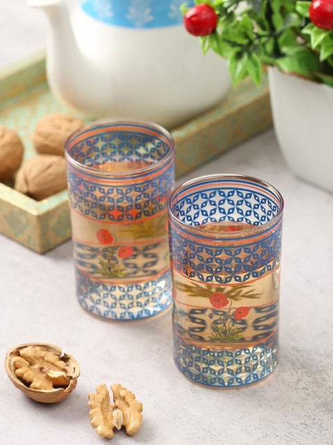 

India Circus by Krsnaa Mehta Set Of 2 Blue & Red Printed Water or Juice Glasses