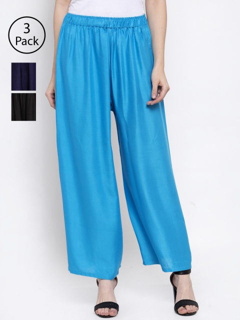 

TAG 7 Women Pack Of 3 Solid Wide Leg Palazzos, Black