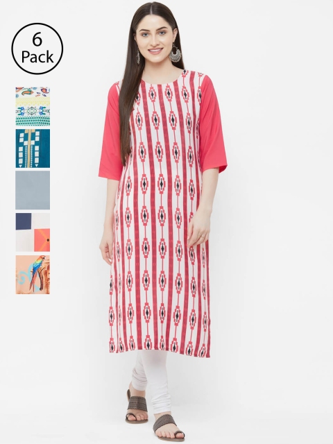 

7Threads Women Pack of 6 Printed Straight Kurtas, Red