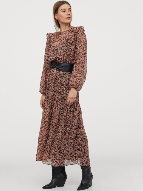 

H&M Women Black & Yellow Printed Long Tiered Dress