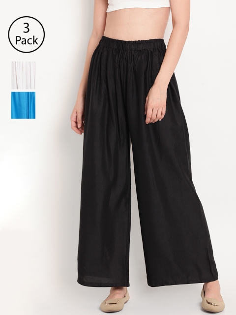 

TAG 7 Women Pack Of 3 Solid Wide Leg Palazzos, Black