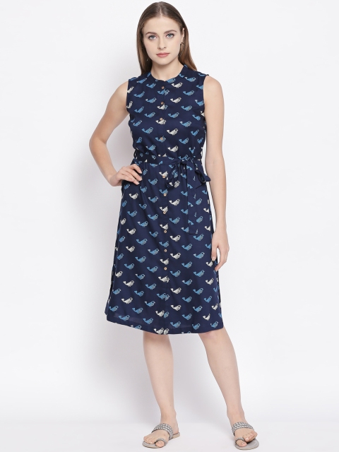AKKRITI BY PANTALOONS Women Navy Blue & White Printed Shirt Dress