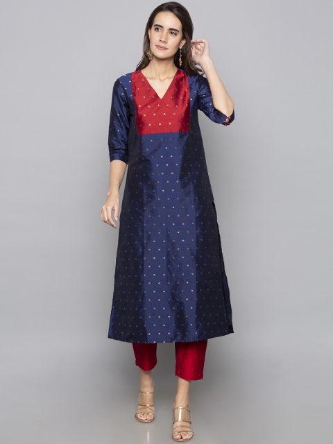 

Desi Weavess Women Navy Blue & Red Woven Design A-Line Kurta