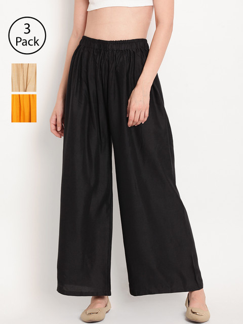 

TAG 7 Women Pack Of 3 Solid Wide Leg Palazzos, Black