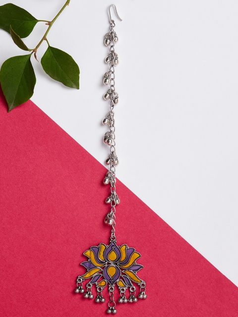 

ZeroKaata Oxidised Silver-Plated Purple & Yellow Enamelled Lotus Tribal Maang Tikka