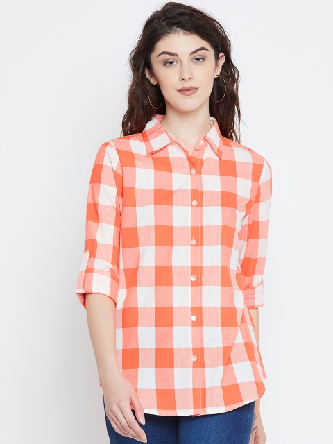 

Ruhaans Women Orange & White Regular Fit Checked Casual Shirt