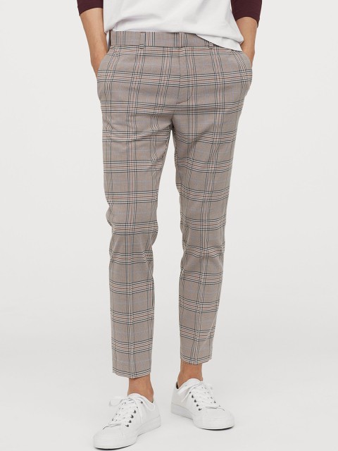 

H&M Men Beige Checked Suit Trousers Skinny Fit