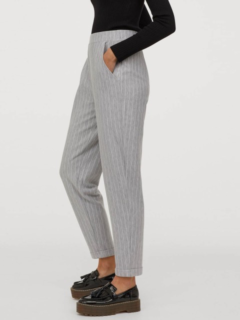 

H&M Women Grey Striped Ankle-Length Pull-On Trousers