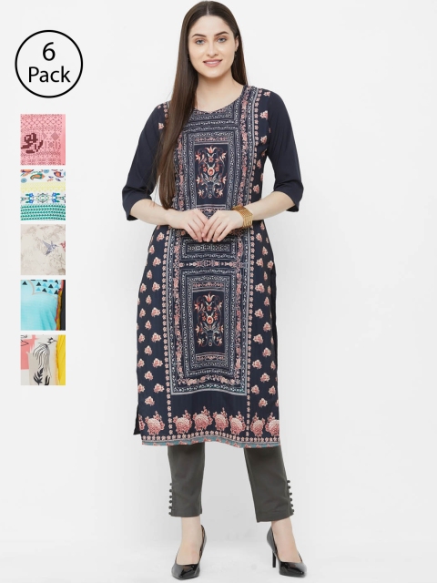 

7Threads Women Pack of 6 Printed Straight Kurtas, Navy blue