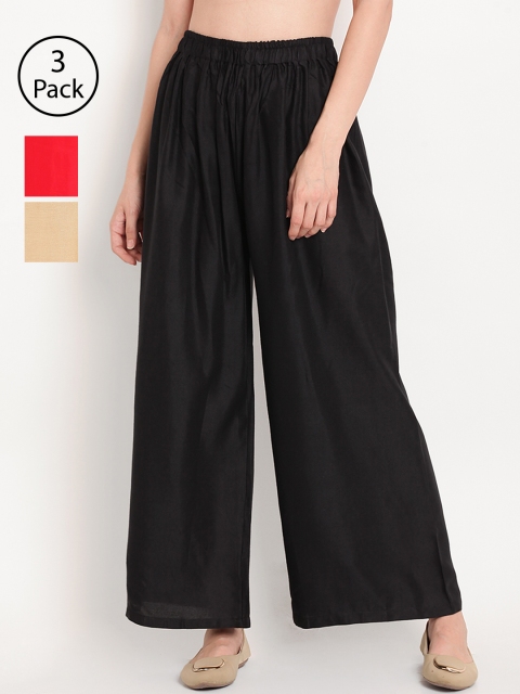 

TAG 7 Women Pack Of 3 Solid Wide Leg Palazzos, Black