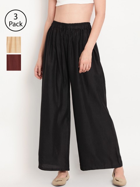 

TAG 7 Women Pack of 3 Solid Wide Leg Palazzos, Black