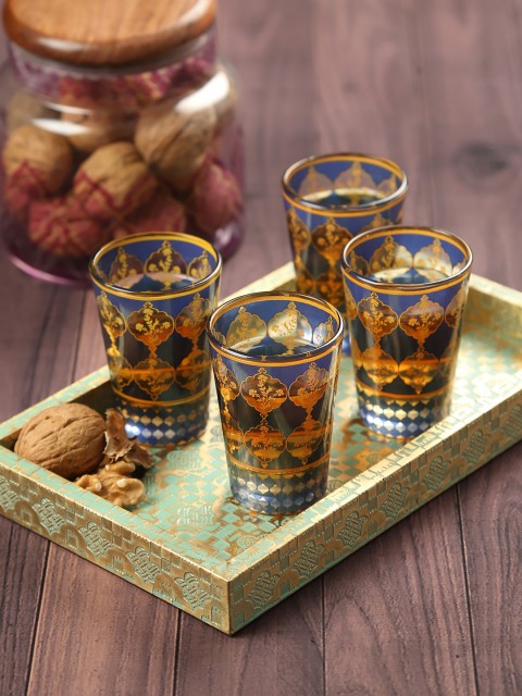 

India Circus by Krsnaa Mehta Set Of 4 Blue & Brown Printed Chai Glasses