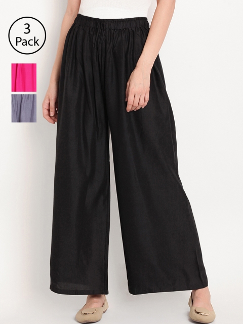 

TAG 7 Women Pack Of 3 Solid Wide Leg Palazzos, Black