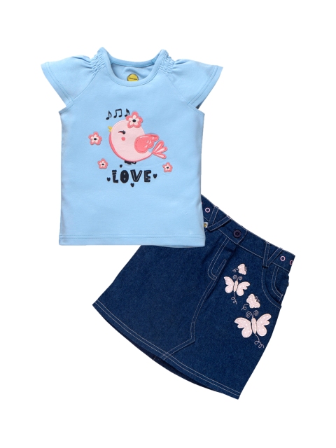 

Pranava Girls Blue & Navy Blue Embellished Organic Cotton Top with Skirt