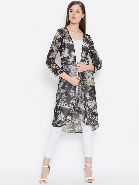 

PURYS Women Black & Grey Printed Open Front Shrug