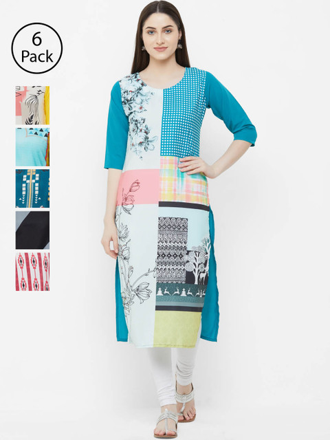 

7Threads Women Pack of 6 Printed Straight Kurtas, Multi