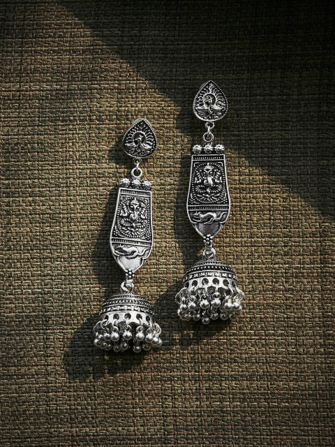 

ZeroKaata Silver-Toned Dome Oxidised Shaped Jhumkas