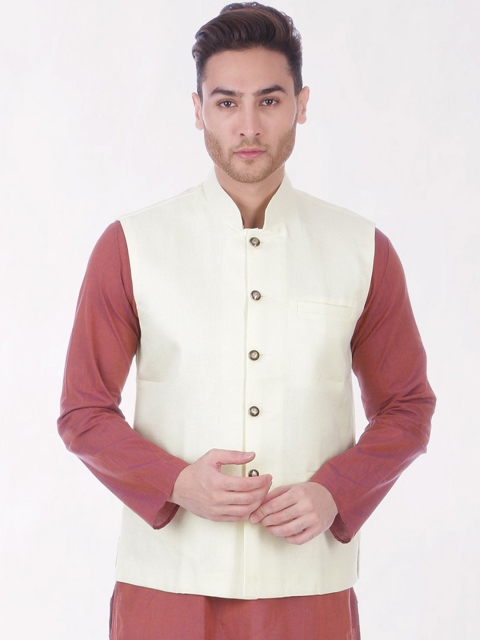 

RAJUBHAI HARGOVINDAS Men Off White Solid Khadi Nehru Jacket
