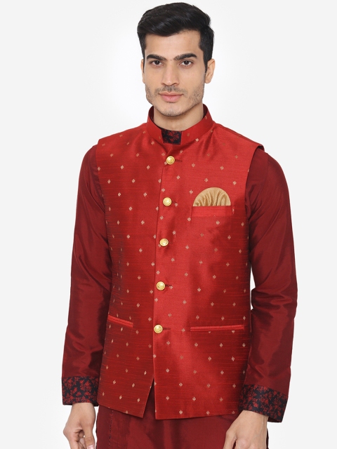 

Wintage Men Red Woven Design Nehru Jacket