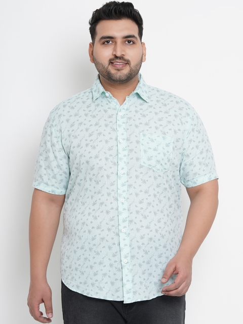 

John Pride Plus Size Men Turquoise Blue Grey Regular Fit Printed Casual Shirt