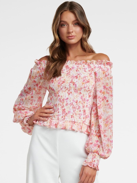 

Forever New Women White Printed Bardot Top