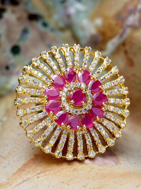 

Bhana Fashion Women Gold Plated White & Magenta American Diamond Stone Studded Handcrafted Circular Ring