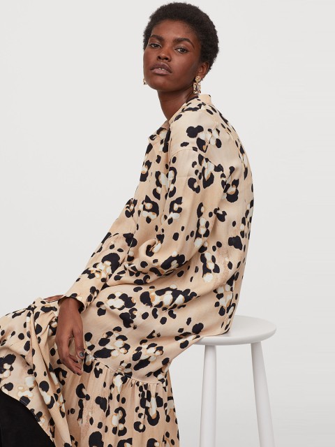 

H&M Women Beige & Black Printed Long Twill Dress