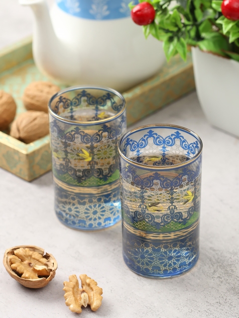 

India Circus by Krsnaa Mehta Set Of 2 Teal Blue & Green Printed Glass Tumblers
