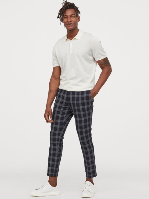 

H&M Men Navy Blue & White Checked Suit Trousers Skinny Fit