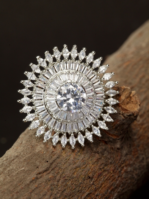 

Bhana Fashion Silver-Plated & White American Diamond Studded Circular Finger Ring