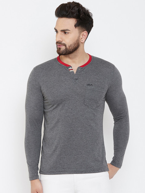 

Adobe Men Charcoal Grey Solid Mandarin Collar T-shirt