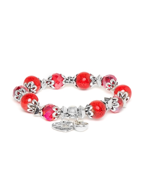 

ZeroKaata Silver-Toned & Red Handcrafted Beaded Silver Heart Charm Bracelet