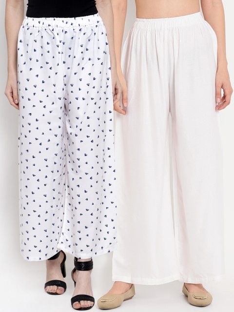 

TAG 7 Women White & Blue Printed Wide Leg Palazzos