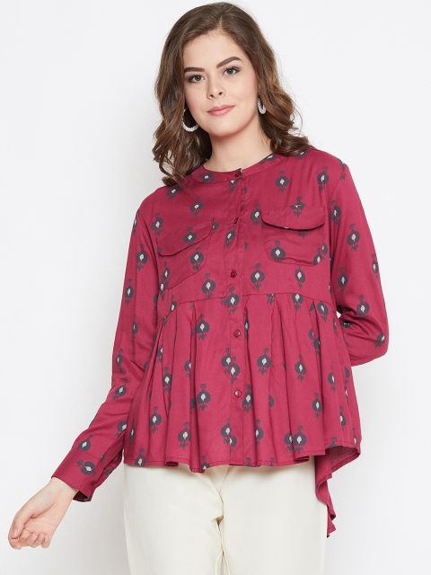 

Ruhaans Women Maroon Classic Regular Fit Printed Casual Shirt