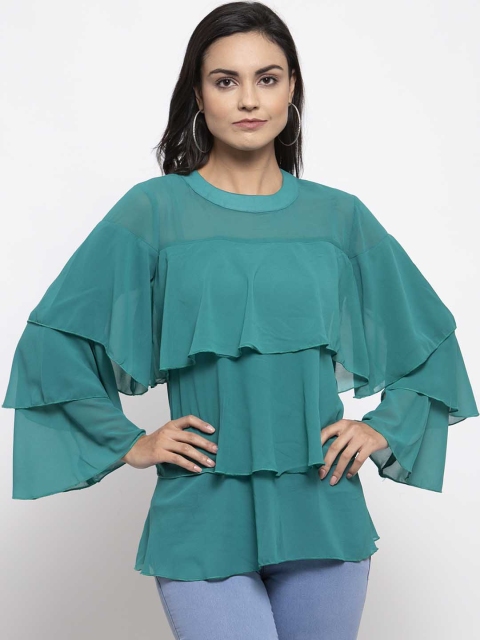 

Jompers Women Sea Green Solid Longline Tiered Top