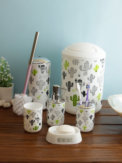 

Cortina Unisex Set Of 7 White & Green Printed Plastic Bathroom Accessories