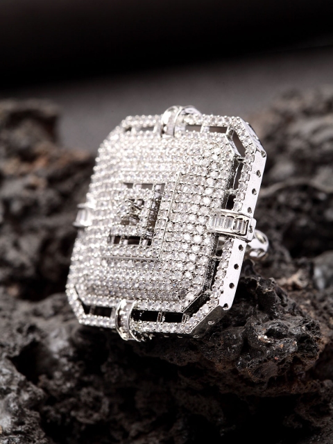 

Bhana Fashion Women Silver-Plated American Diamond Stone Studded Square Finger Ring