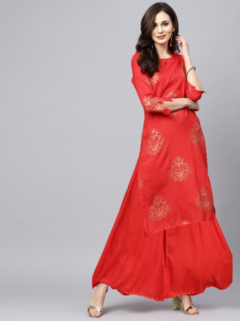 

Ishin Women Red Embroidered Straight Kurta
