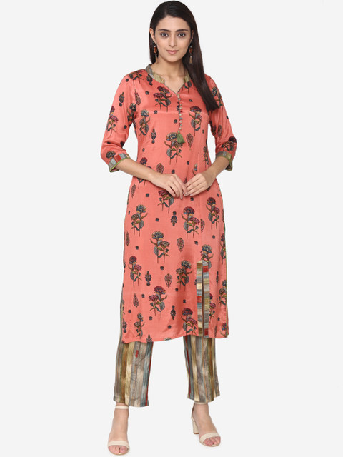 

Laabha Women Coral and Grey Floral Print Kurta with Trousers