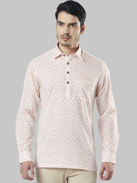

Ethnix by Raymond Men Peach-Coloured & White Printed Straight Kurta
